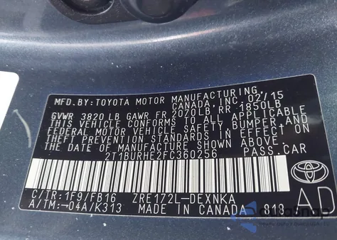 2015 Toyota Corolla Le z USA, uszkodzony, nr VIN 2T1BURHE2FC360256